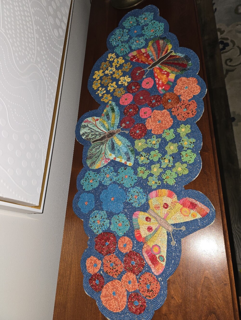 Handmade Beaded Butterfly & Floral Table Runner - Bright Multicolor